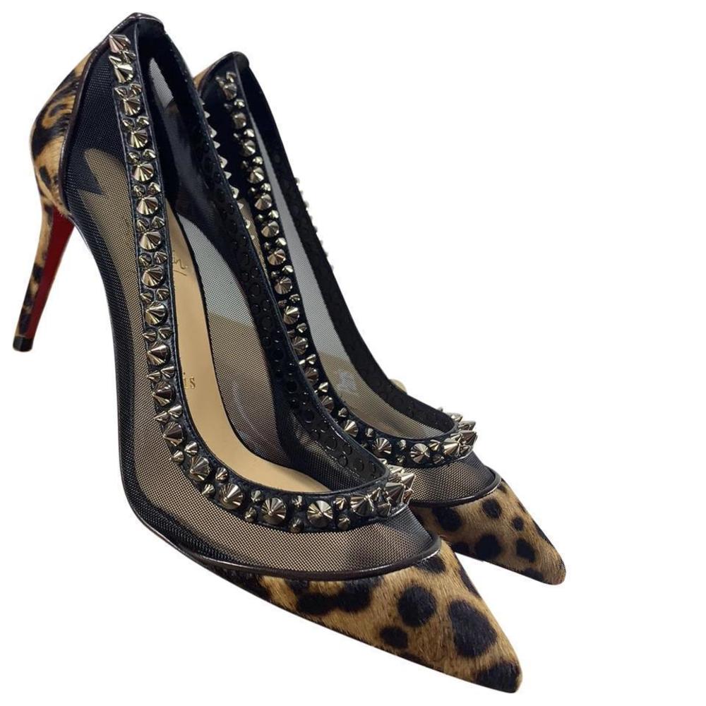 Galativi 85mm Leopard Print Pony Spiked Mesh Pumps heels D576